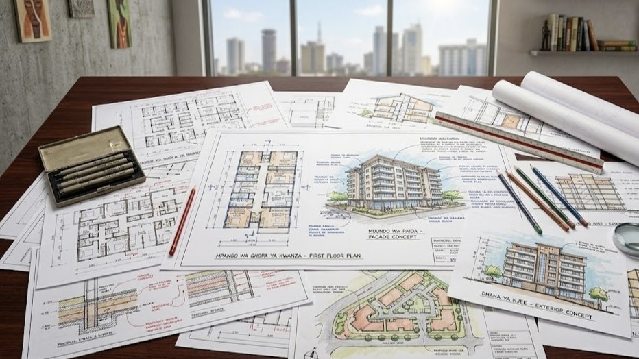 Architectural sketches and building plans laid out on a table for a design review discussion.