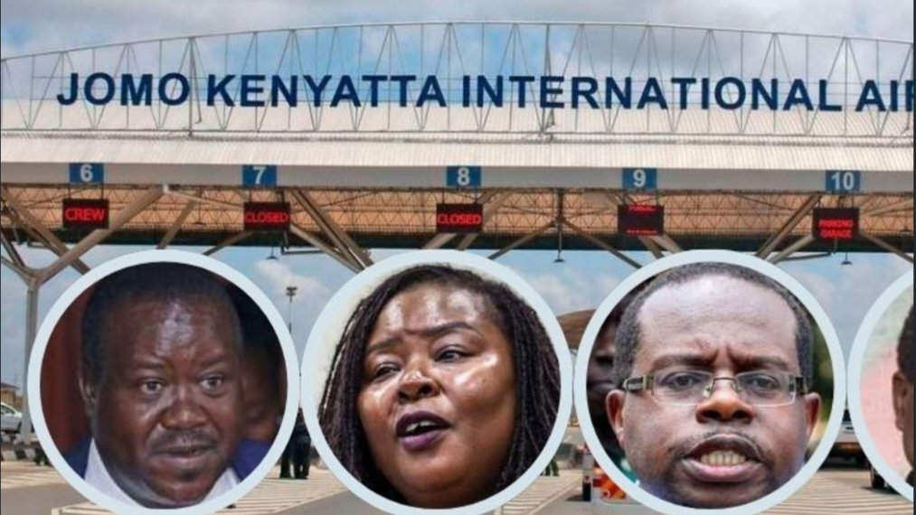 A screenshot of a news report from Nation Africa showing the Jomo Kenyatta International Airport main entrance gate with overlaid portraits of political and civil society figures.