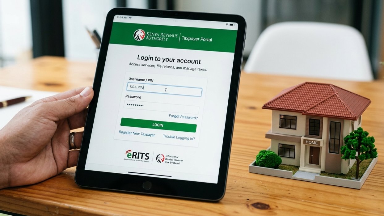 Close-up of a digital tablet screen showing the Kenya Revenue Authority portal login page next to a miniature model house.