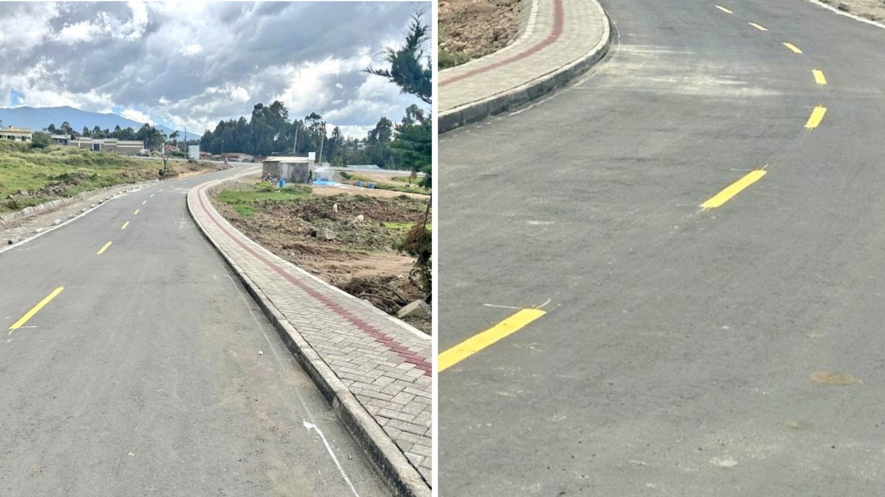 A newly paved asphalt road in Engineer Town, Nyandarua, featuring yellow lane markings and a red-and-grey patterned pedestrian walkway on the side.