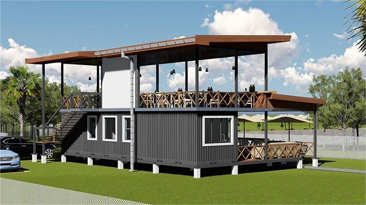 Modified shipping containers stacked to form a multi-unit commercial structure in an urban Kenyan setting, with workers visible on site.