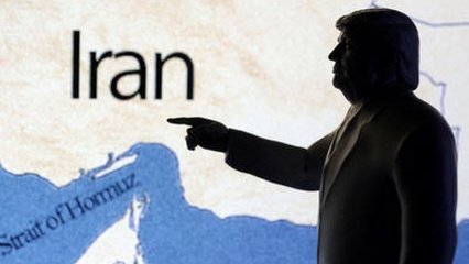 A silhouette of Donald Trump pointing toward a map of the Strait of Hormuz and the Iranian coastline.