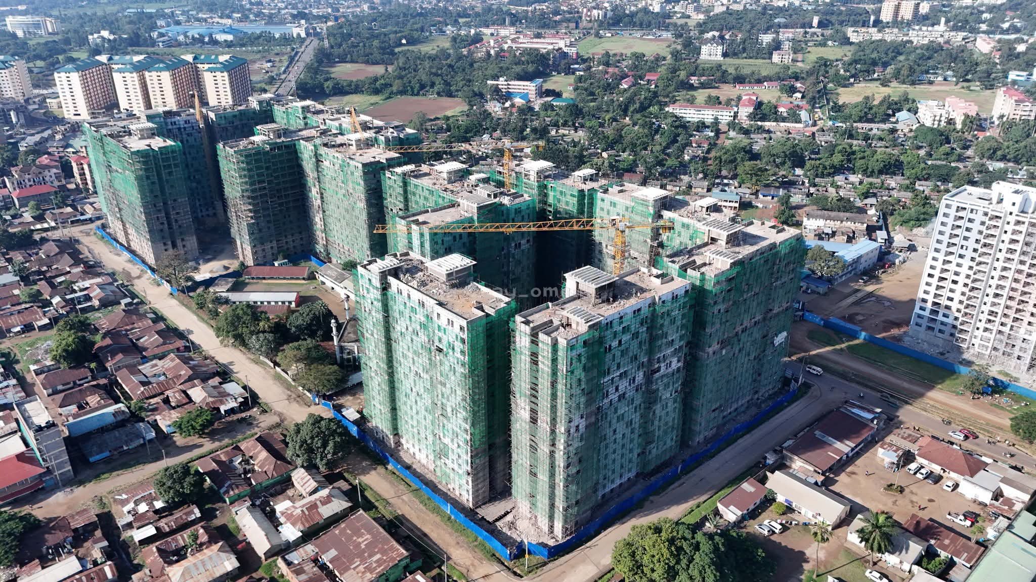 Aerial view of high-rise residential blocks under redevelopment at Lumumba Estate in Kisumu City