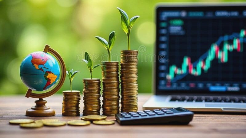 A conceptual image showing small green trees growing out of stacks of gold and silver coins of varying heights, with a red arrow pointing upward behind them and the letters GDP in the background.
