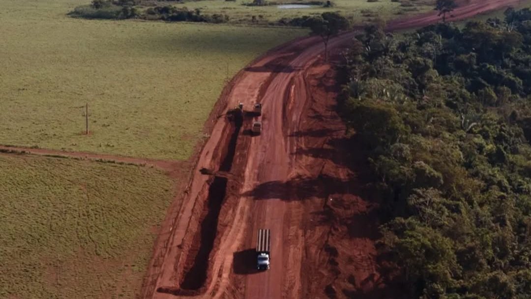 Aerial view of a dirt road cut through forested land for agricultural transport near the border.
