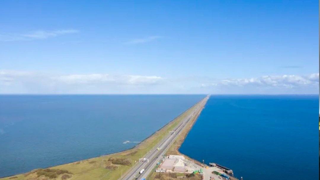 The Afsluitdijk, the 32km dam and causeway at Den Oever, Netherlands, separating the freshwater from the Wadden Sea and North Sea
