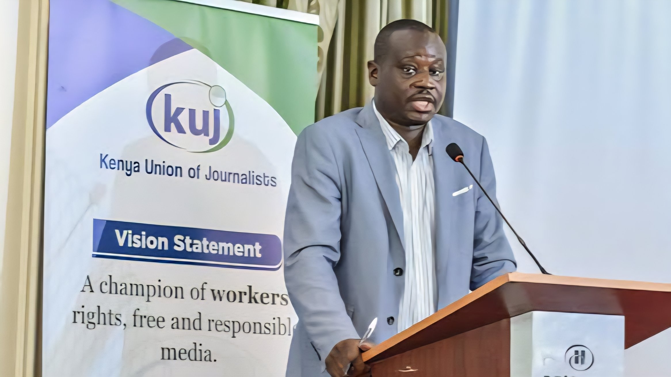 Erick Oduor, the re-elected Secretary General of the Kenya Union of Journalists, speaking at a media event.