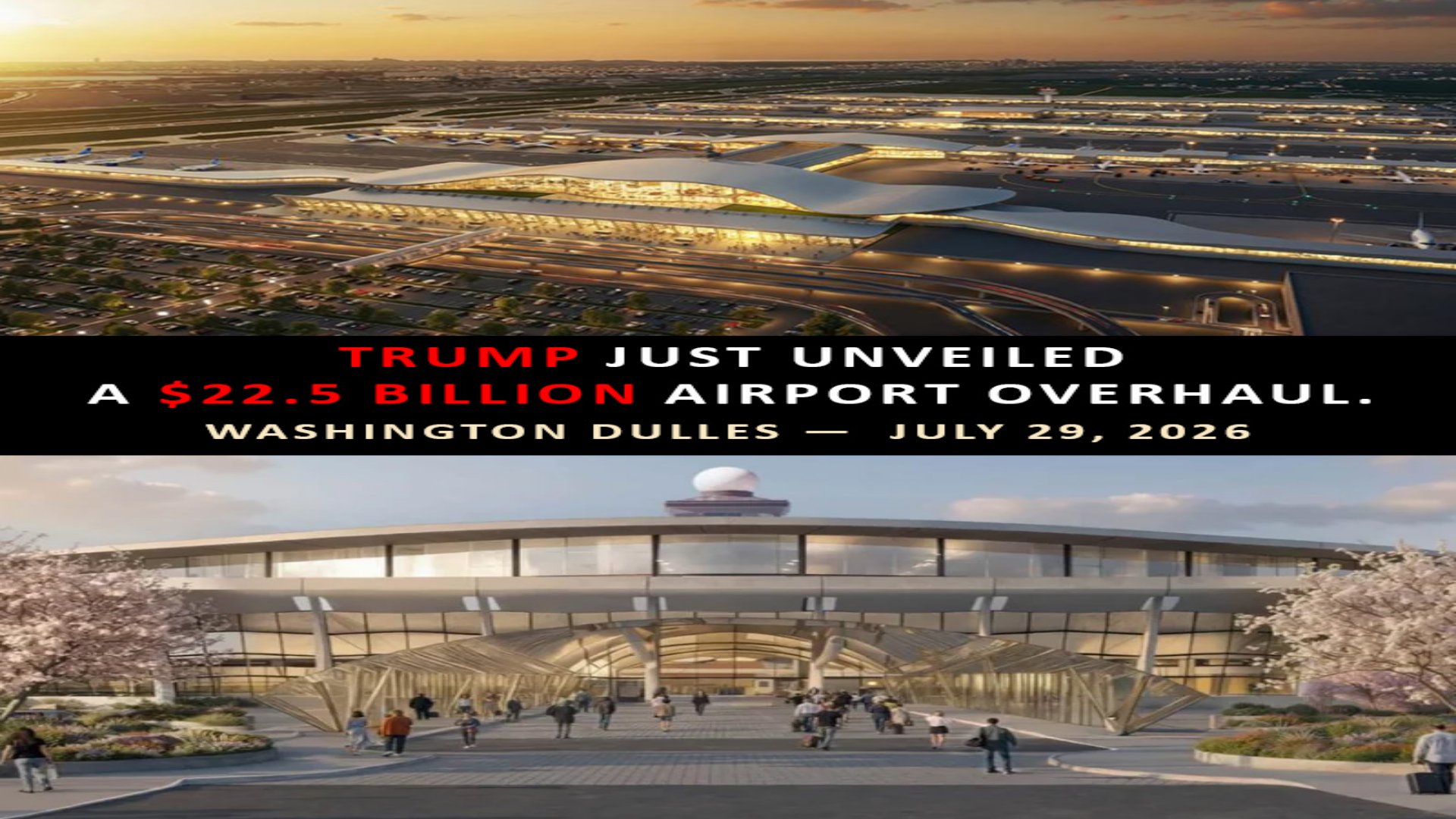 Architectural rendering of the proposed Washington Dulles International Airport terminal expansion showing glass facades and pedestrian access areas.
