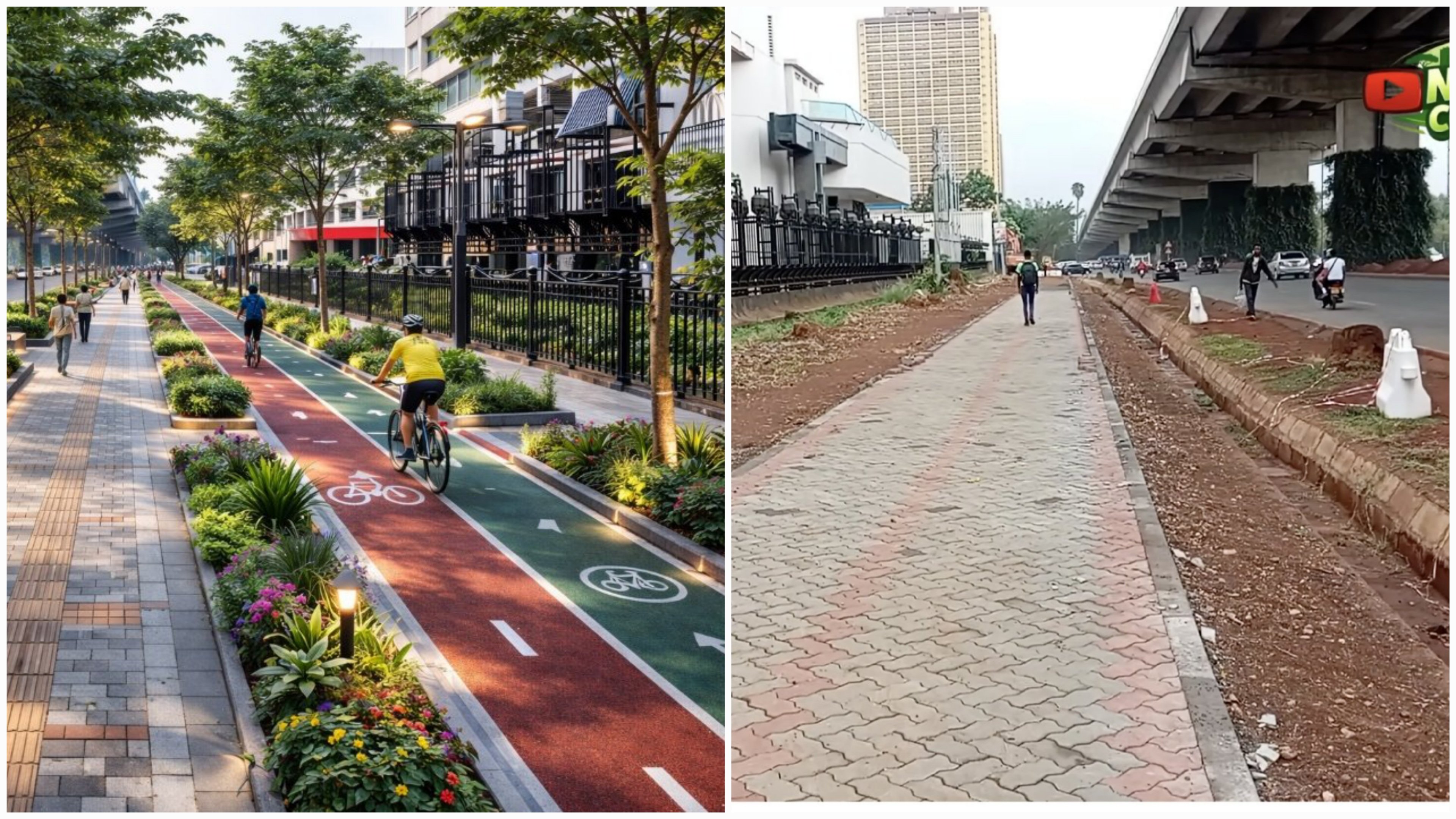 A comparison of the proposed design renders for the Nairobi Expressway NMT facilities against the current progress of paving works on site.