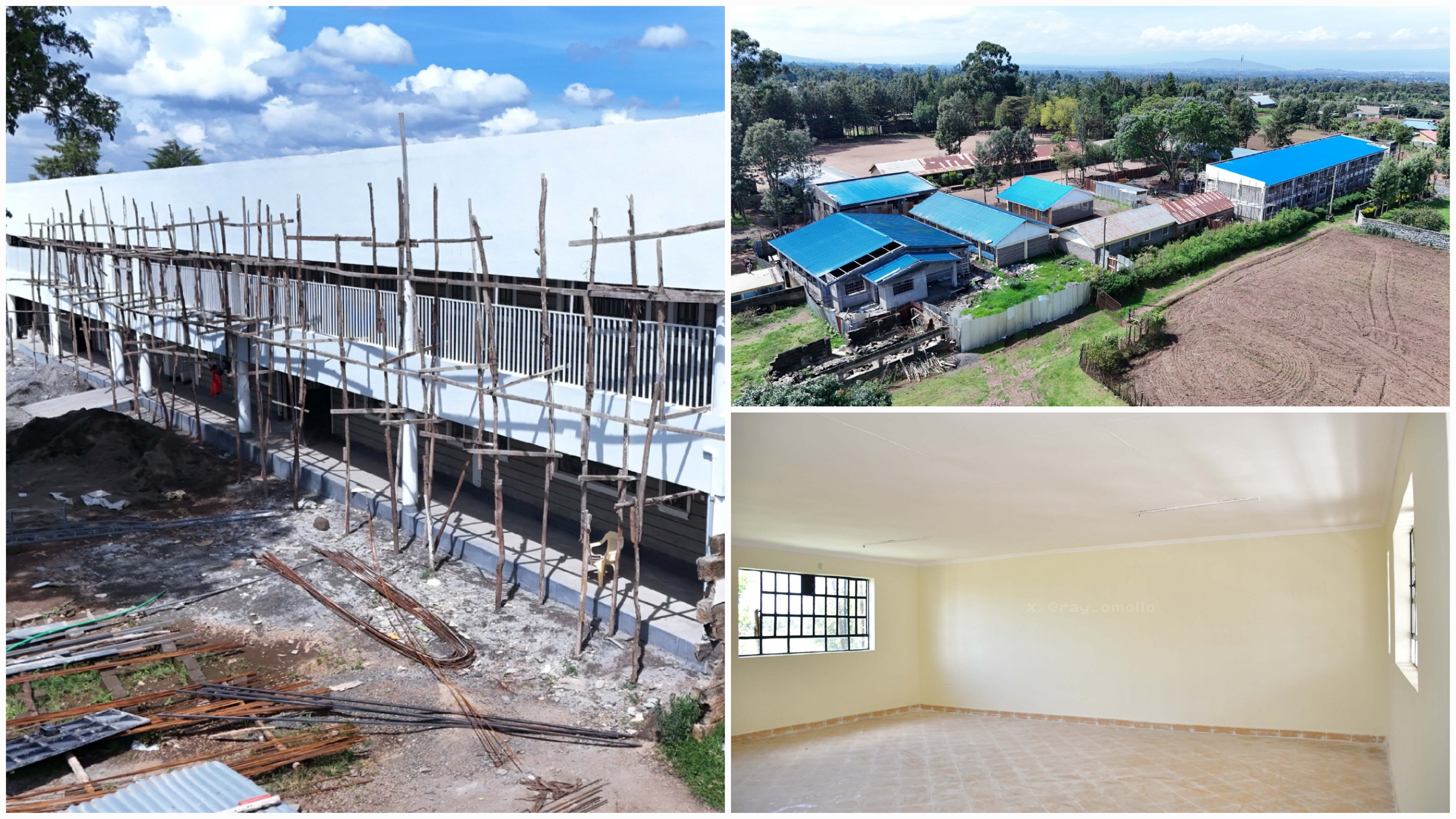 An aerial and ground-level view of the construction progress at Limuko Primary School in Nakuru showing a new two-story classroom block and renovated older structures.