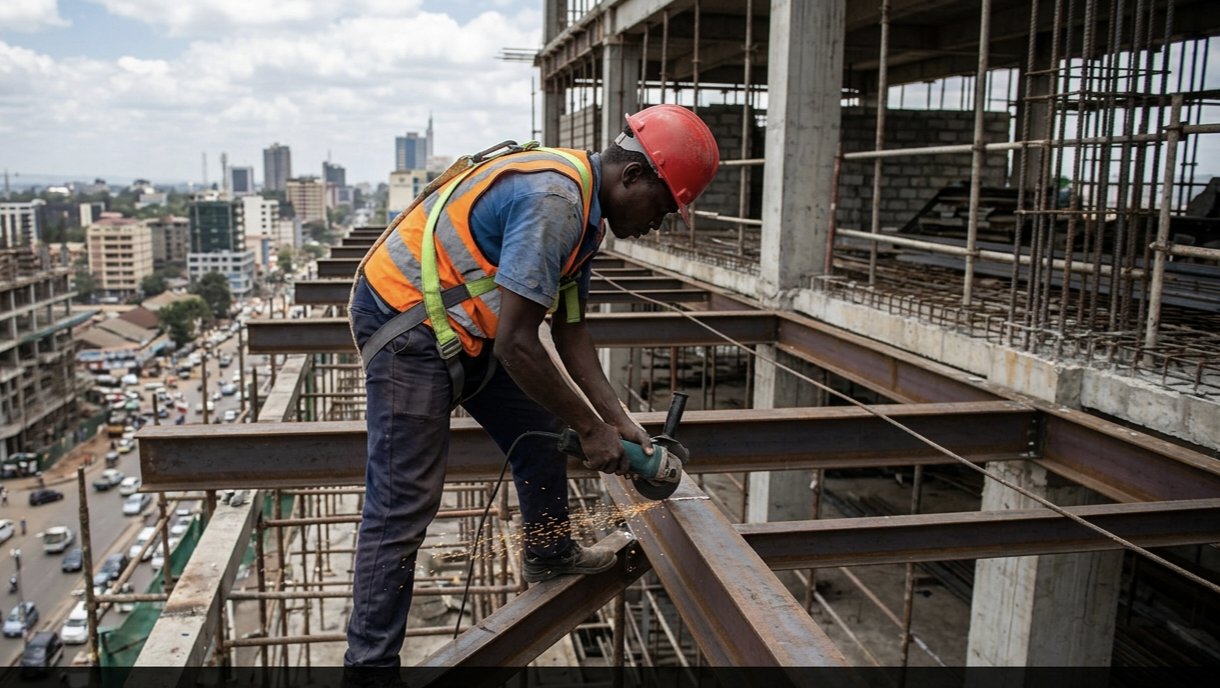 A construction worker in a hard hat and high-visibility vest working at height on an incomplete building structure in an urban setting.
