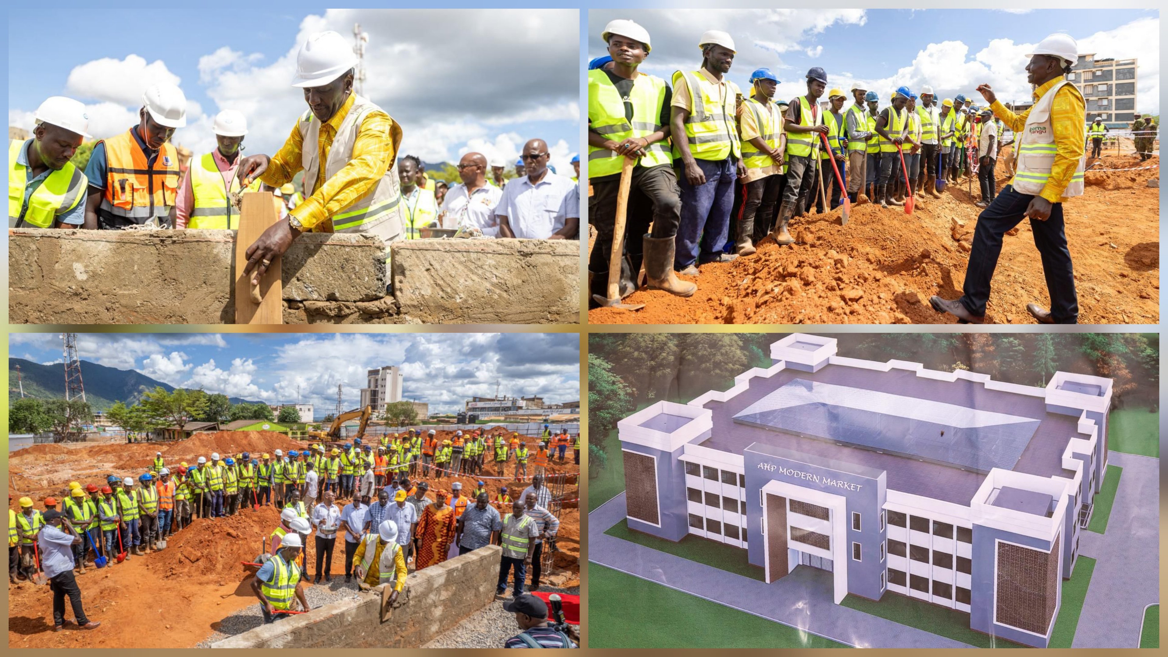 President William Ruto laying a foundation stone at a construction site in Voi, surrounded by officials in safety vests and an architectural rendering of a modern market building.