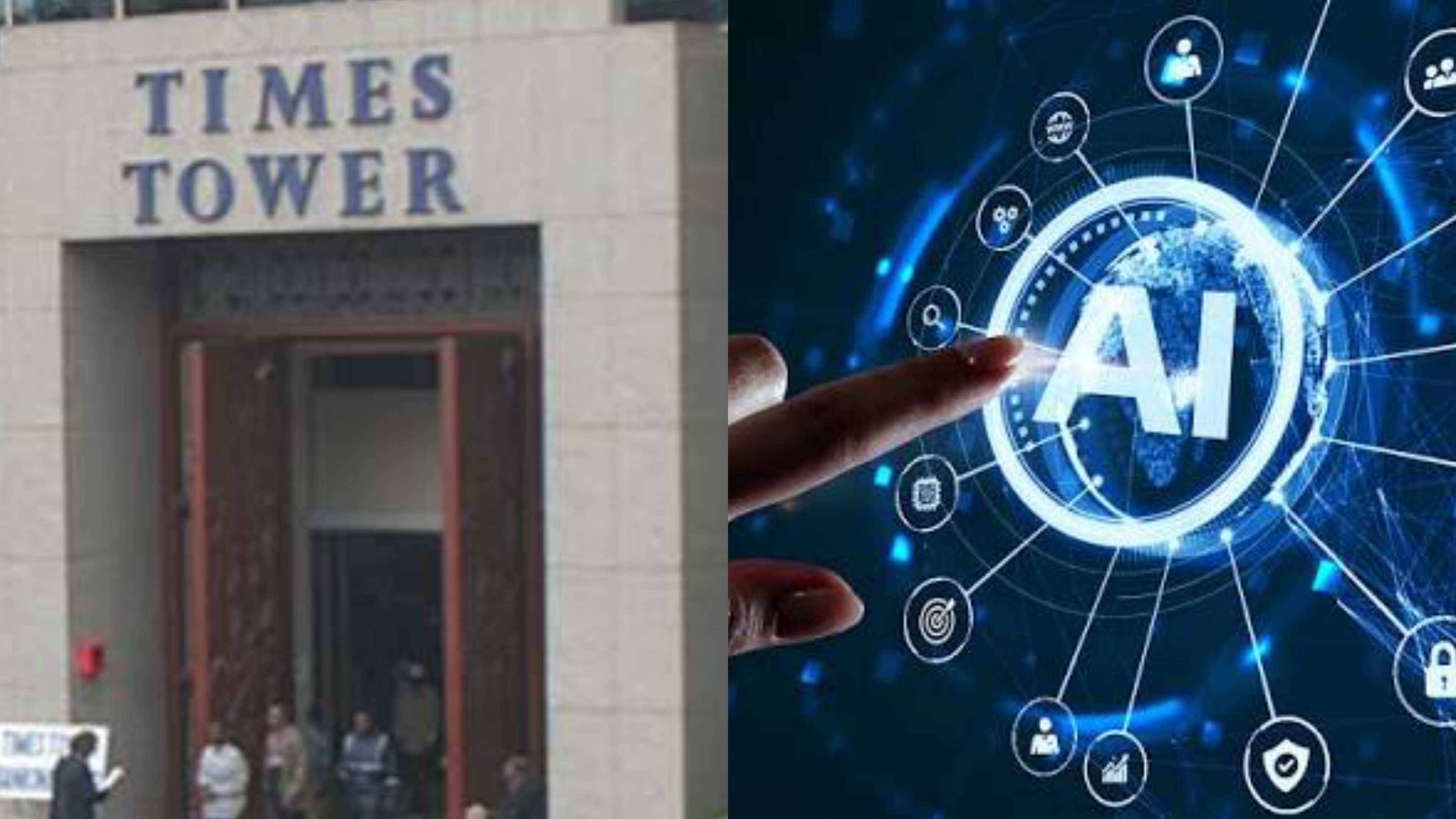 A digital interface showing data analytics and tax compliance charts alongside a background of the Times Tower building in Nairobi.
