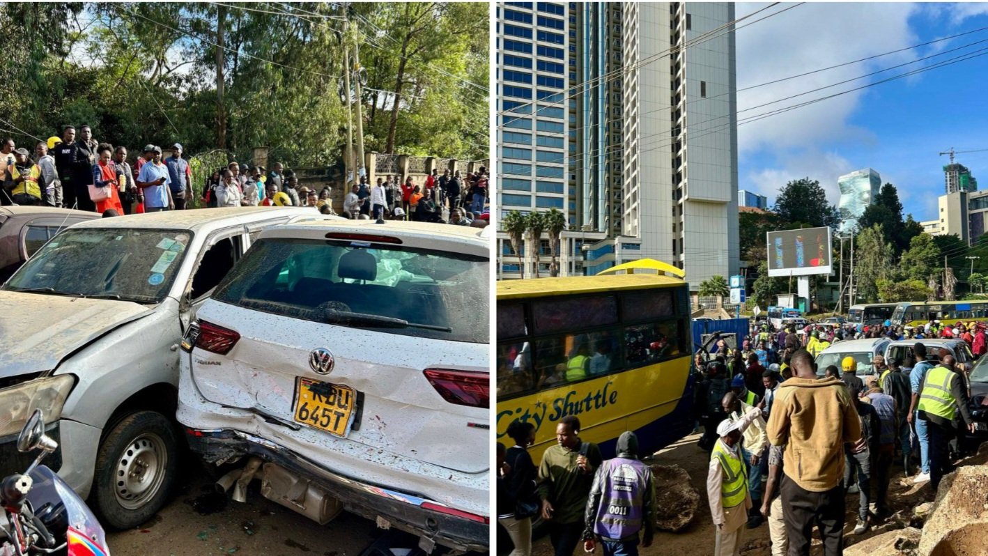 A blue and yellow City Shuttle bus with a heavily damaged front end sits on a dusty road shoulder alongside several crushed passenger vehicles and onlookers in Nairobi.