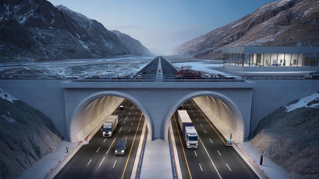 Interior view of the completed Tianshan Shengli Tunnel, showing the dual-lane highway passing through the mountain in Xinjiang, China.