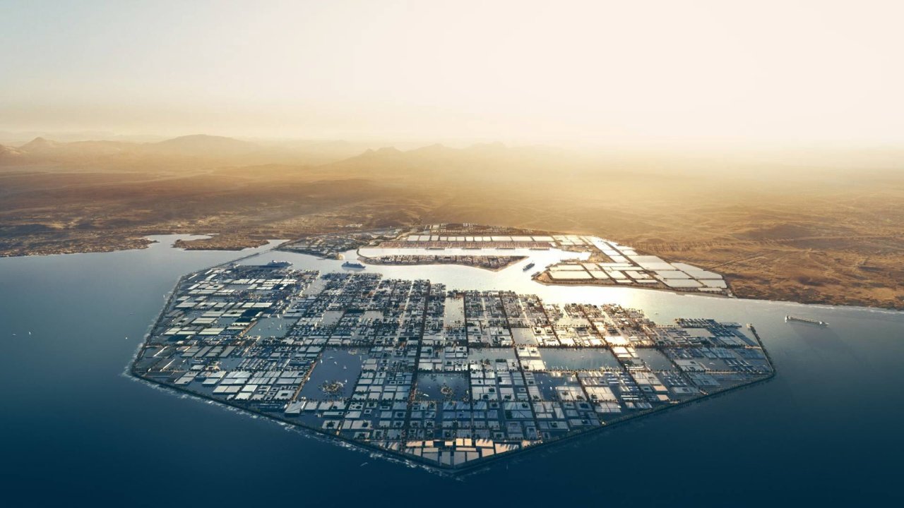 Industrial infrastructure at the NEOM Green Hydrogen Project site in northwestern Saudi Arabia.