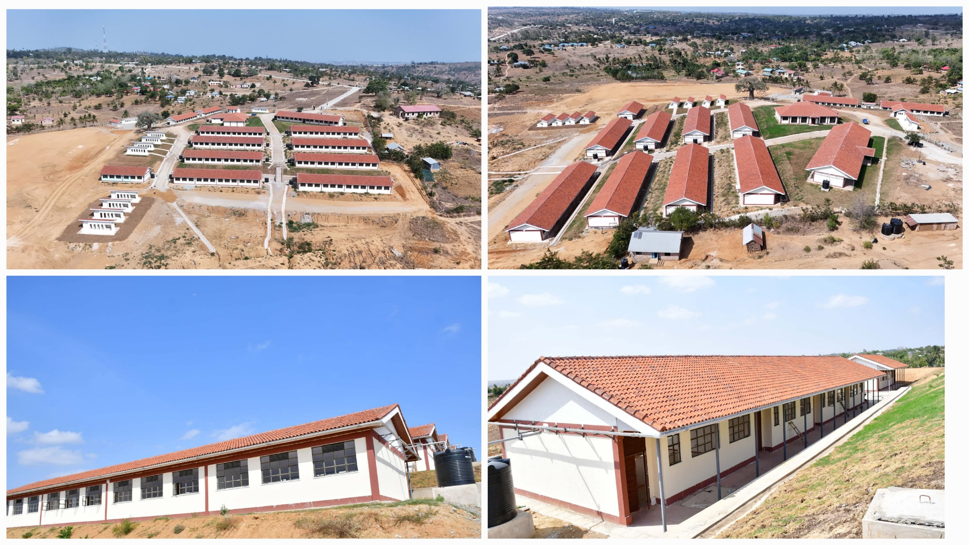 A view of the newly constructed stone-walled classrooms and administrative block at Fulugani Primary School in Kwale, featuring modern roofing and paved walkways.