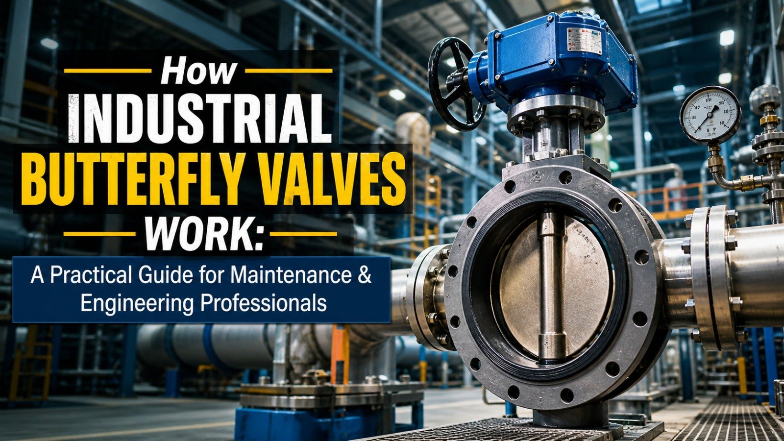 Close-up of a large industrial butterfly valve with a blue manual gear operator installed in a complex piping network.