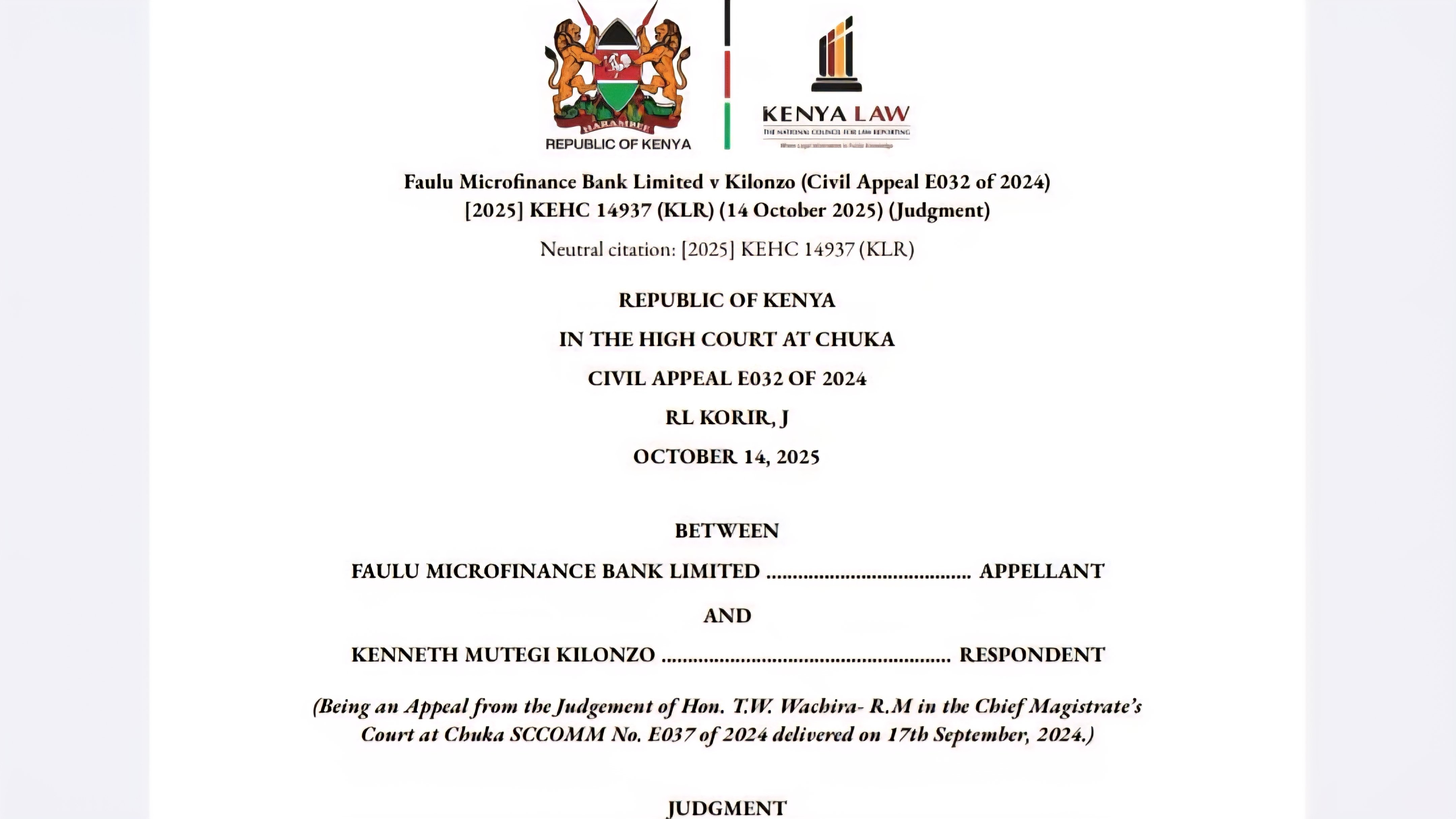 Official seal and header of a High Court of Kenya judgment document from Chuka involving Faulu Microfinance Bank.