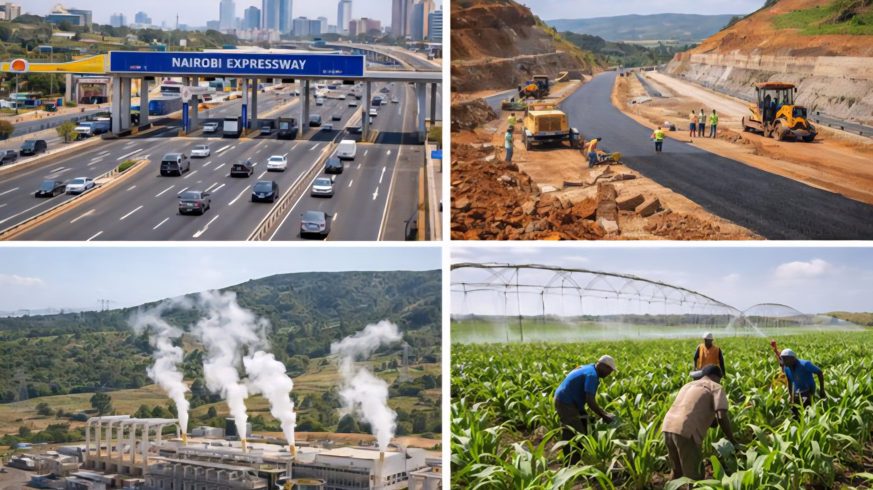 Aerial view of a major highway construction site in Kenya, an industry, a highway and farmers picking tea.