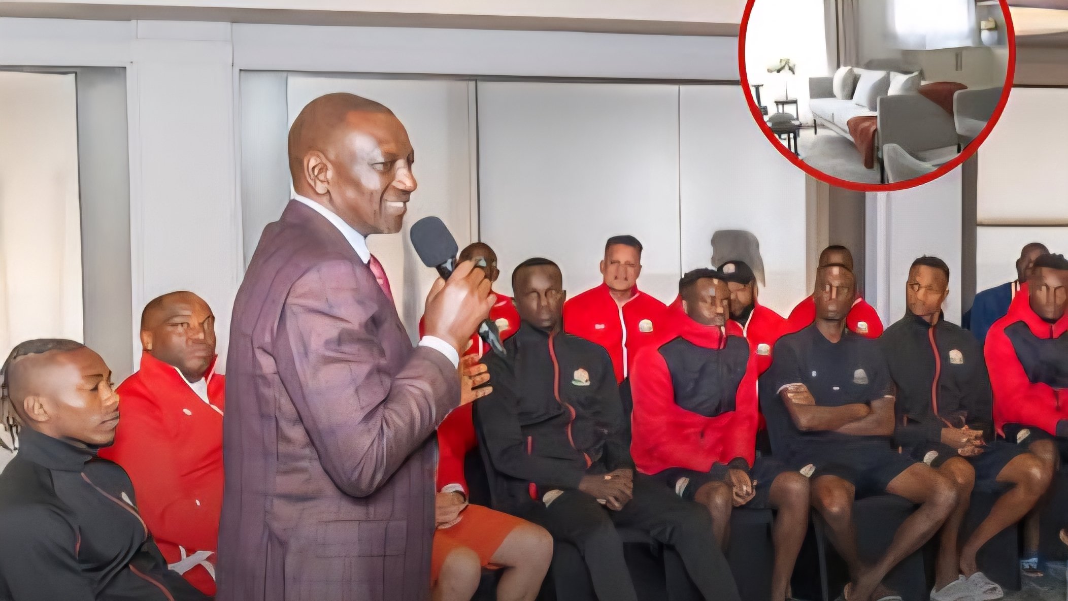 Interior view of a modern living room and a group of Harambee Stars players listening to President Ruto during an official gathering.