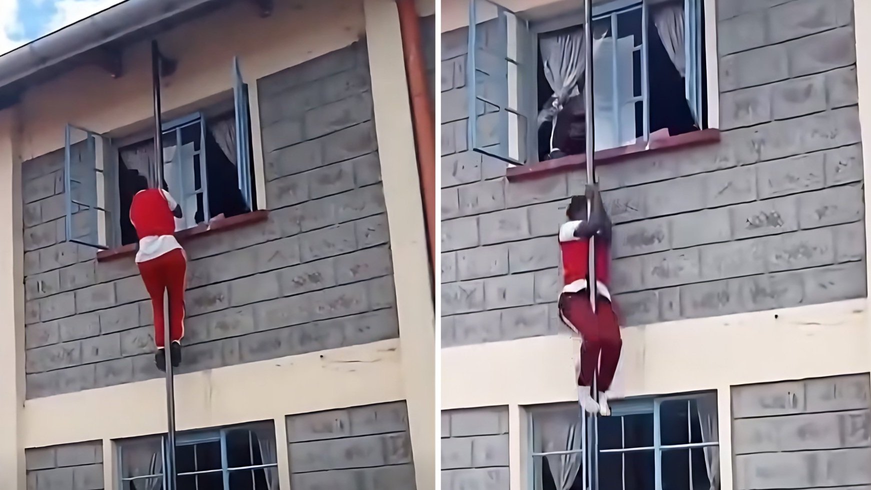 Screenshot from a Kenyans.co.ke video showing a student in a red and white uniform climbing out of a dormitory window and sliding down an external vertical pole during a fire safety drill.