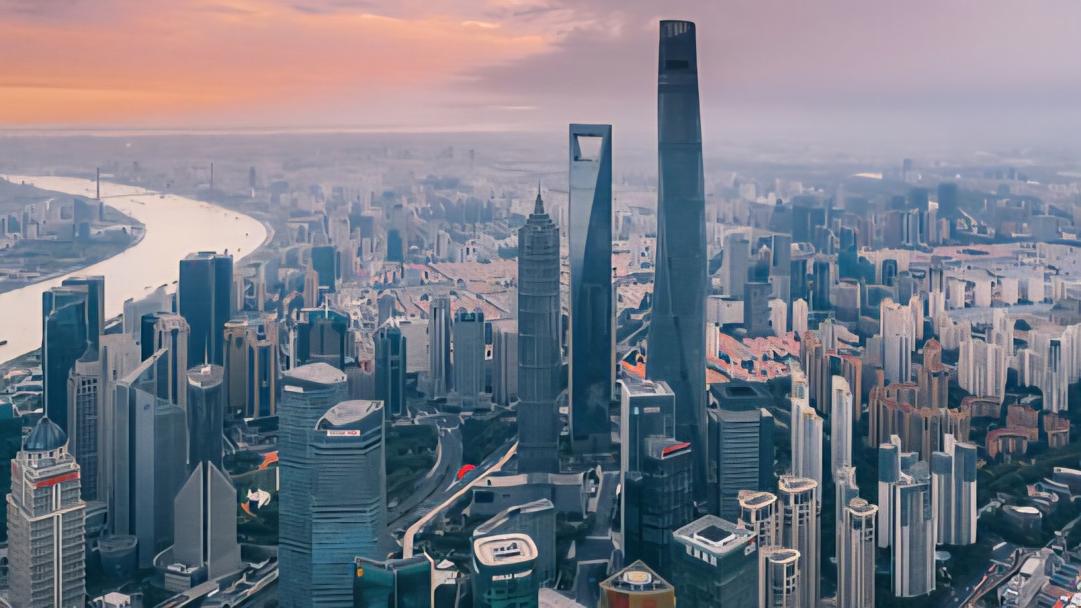 High-angle view of the dense, modern skyscraper skyline of Shanghai under a hazy sky during sunrise.
