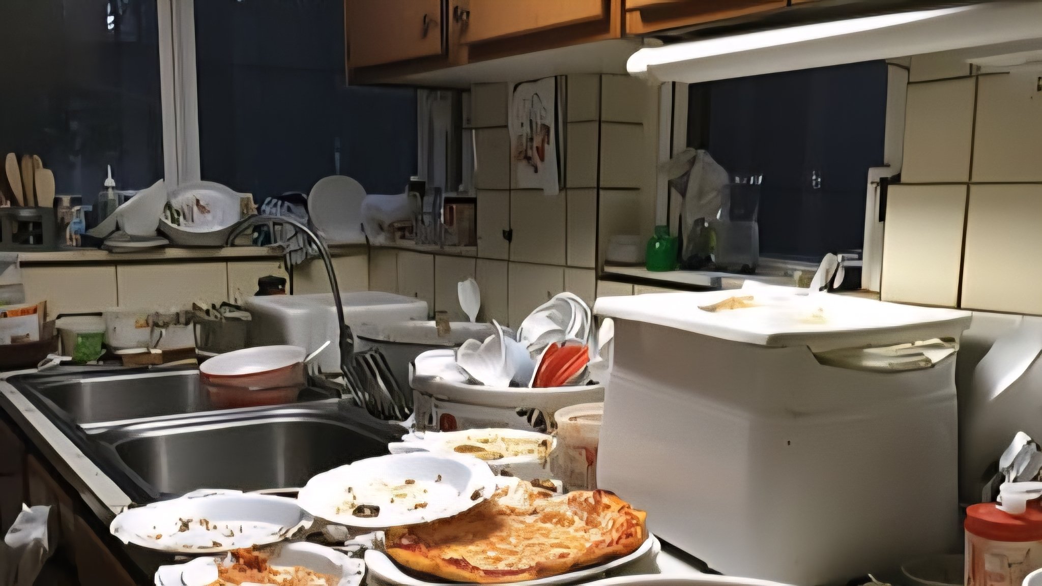 Cluttered kitchen counter with dirty dishes vegetable peels and cooking utensils after meal preparation