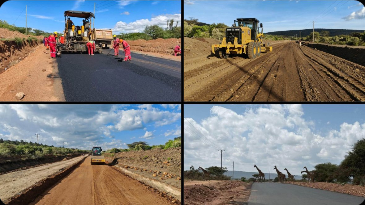 Asphalt paver laying bituminous surfacing on a rural road in Narok County with road construction machinery operating nearby.
