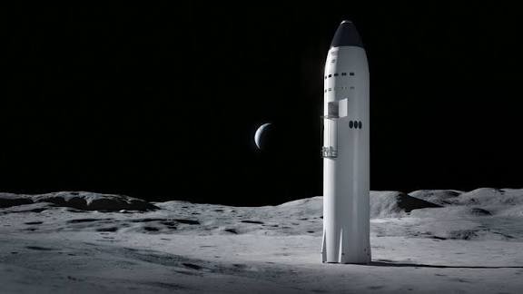 A rendering of the SpaceX Starship Human Landing System standing on the lunar surface near a future base.