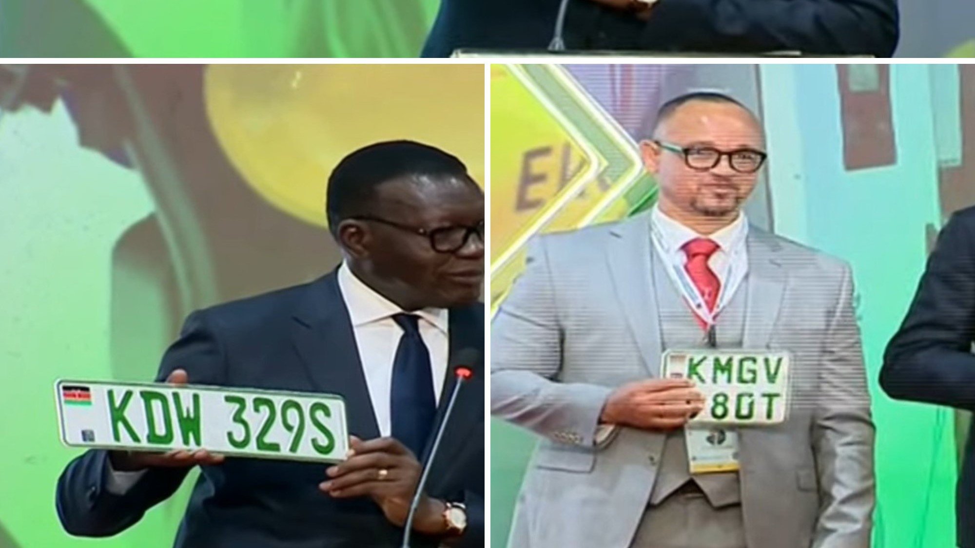 Transport officials holding green Kenyan license plates during a launch event in Nairobi.