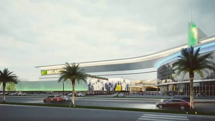 Architectural rendering of the new MIG Arena design showing modern exterior architecture, green landscaping, and parking areas in Addis Ababa, Ethiopia.