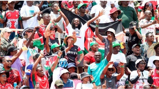 Kenyan rugby fans cheer passionately as the national team faces Uruguay during the World Rugby HSBC Division Two tournament at Nyayo National Stadium on February 15, 2026.