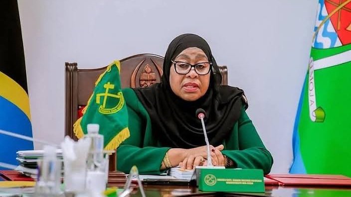 Tanzania President Samia Suluhu Hassan seated at a desk with national and party flags in the background.