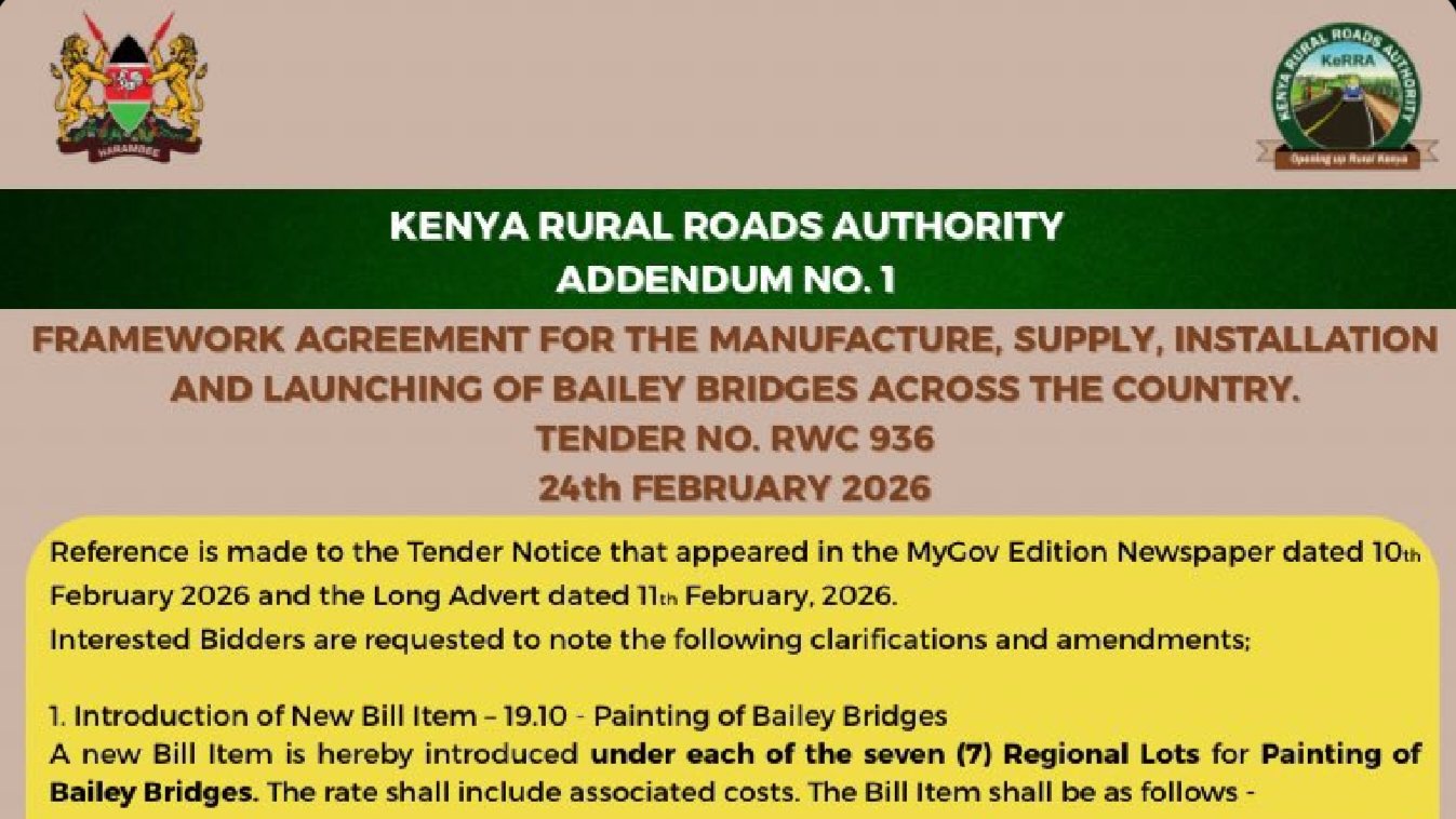 Title of the official Addendum No. 1 document from the Kenya Rural Roads Authority regarding Tender No. RWC 936 for Bailey bridges.