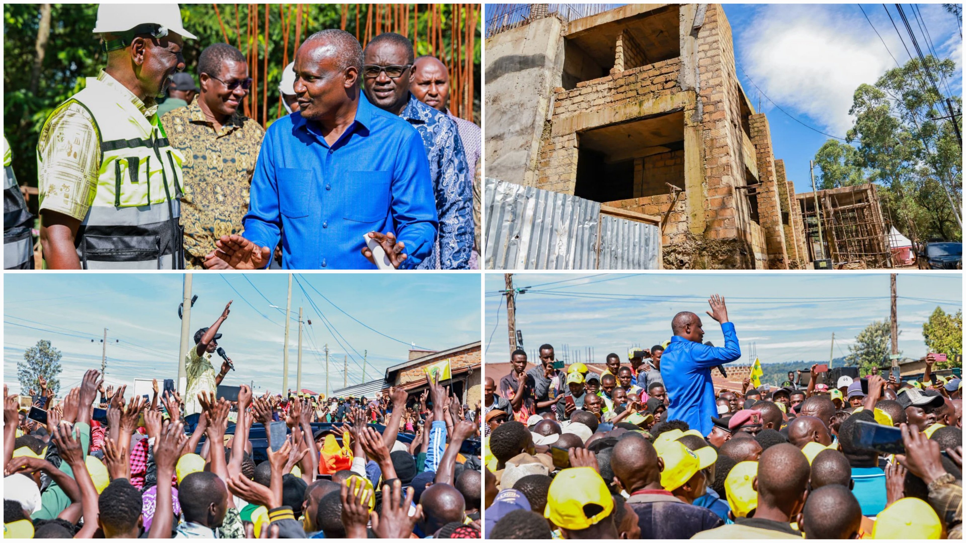 President William Ruto and Treasury CS John Mbadi standing with officials at a construction site for a multi-story concrete hospital building under scaffolding.