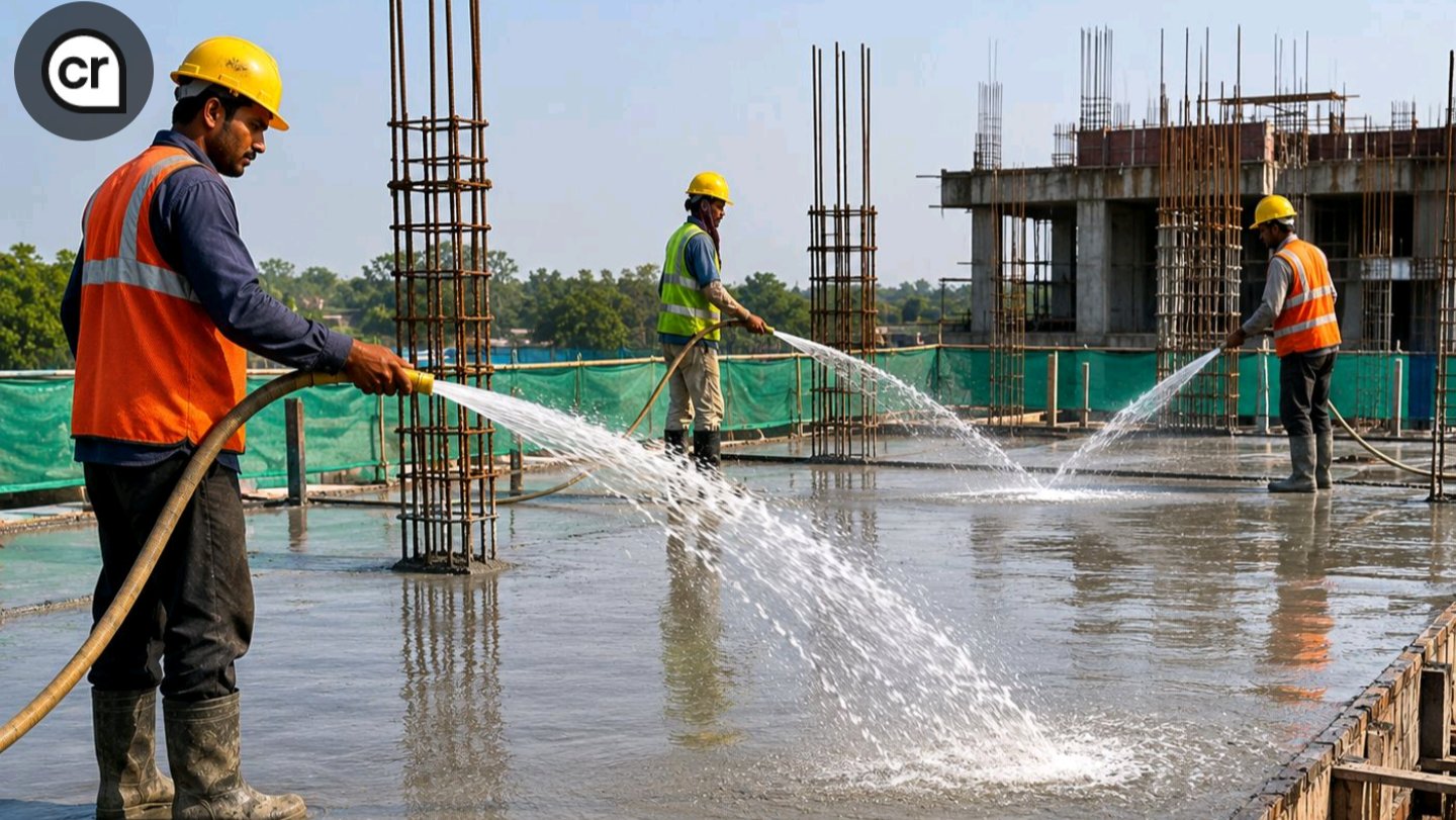 Construction site workers spraying water from hoses onto a freshly poured concrete slab as seen in file 250113.png.