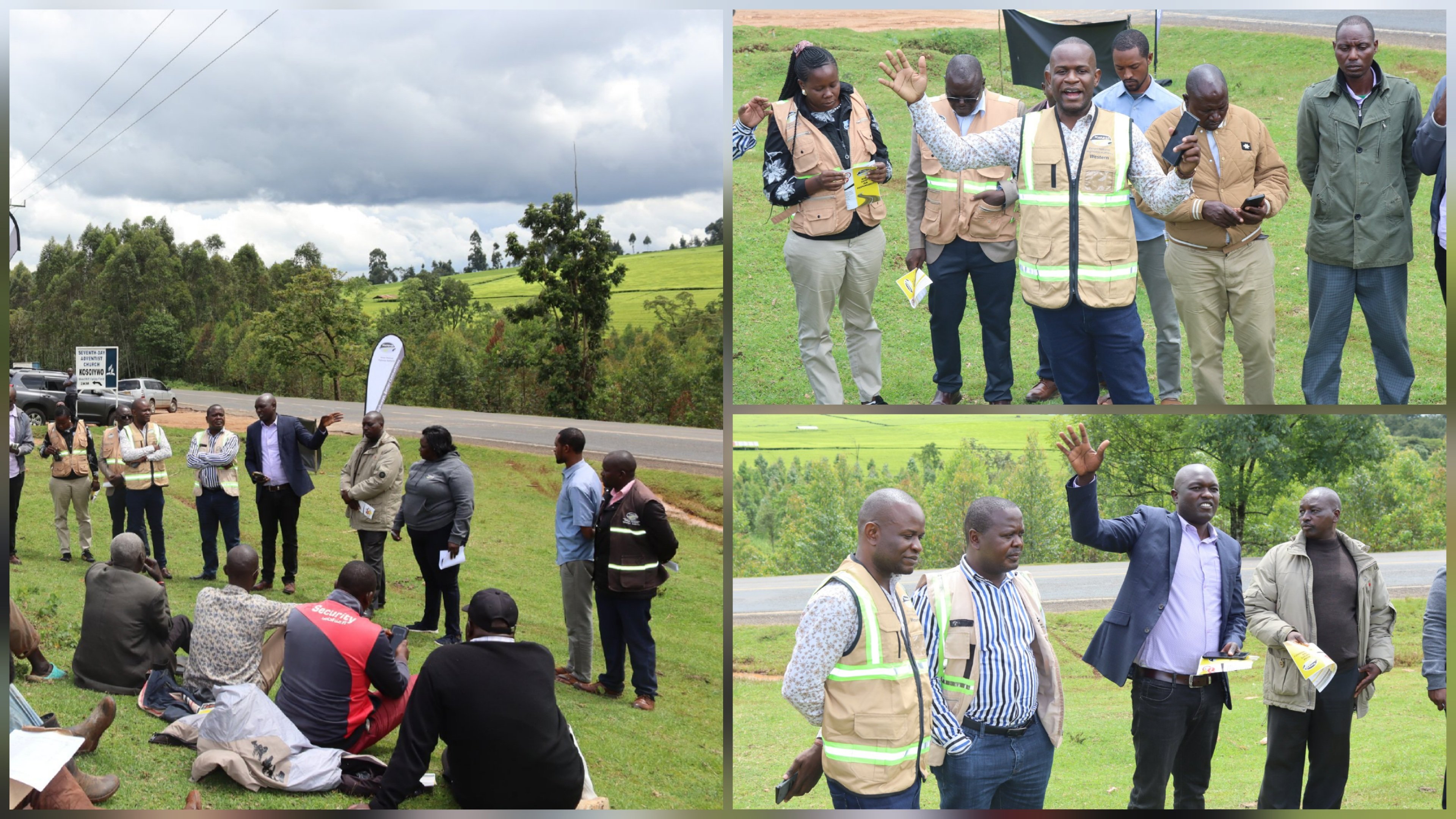 KeNHA officials in high-visibility vests addressing a group of local residents seated on a grassy roadside during a safety sensitization meeting in Nandi Hills.