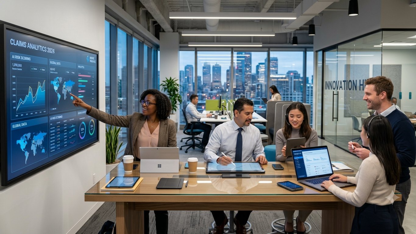 Insurance professionals using digital technology and innovative tools in a modern workplace.