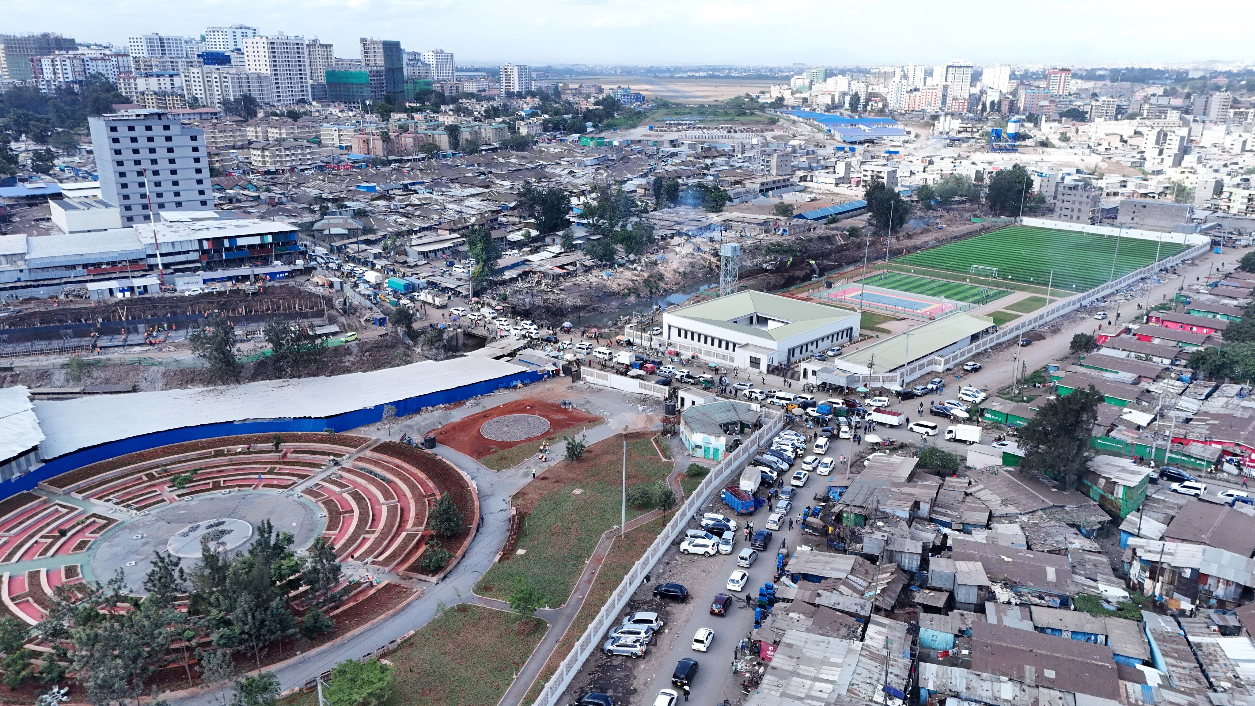 Aerial view of the upgraded Kamukunji Recreation Park in Nairobi. The development includes a full-size football pitch, amphitheatre and community facilities on the historic 7.27-acre site.