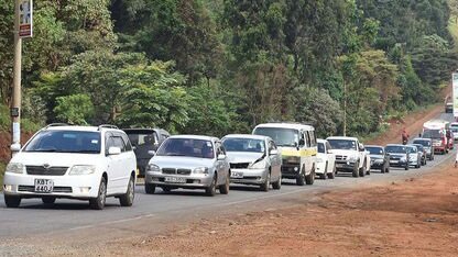 Aerial view of heavy traffic along the existing Kiambu Road between Muthaiga and Kiambu town, illustrating the need for the planned dualling project.