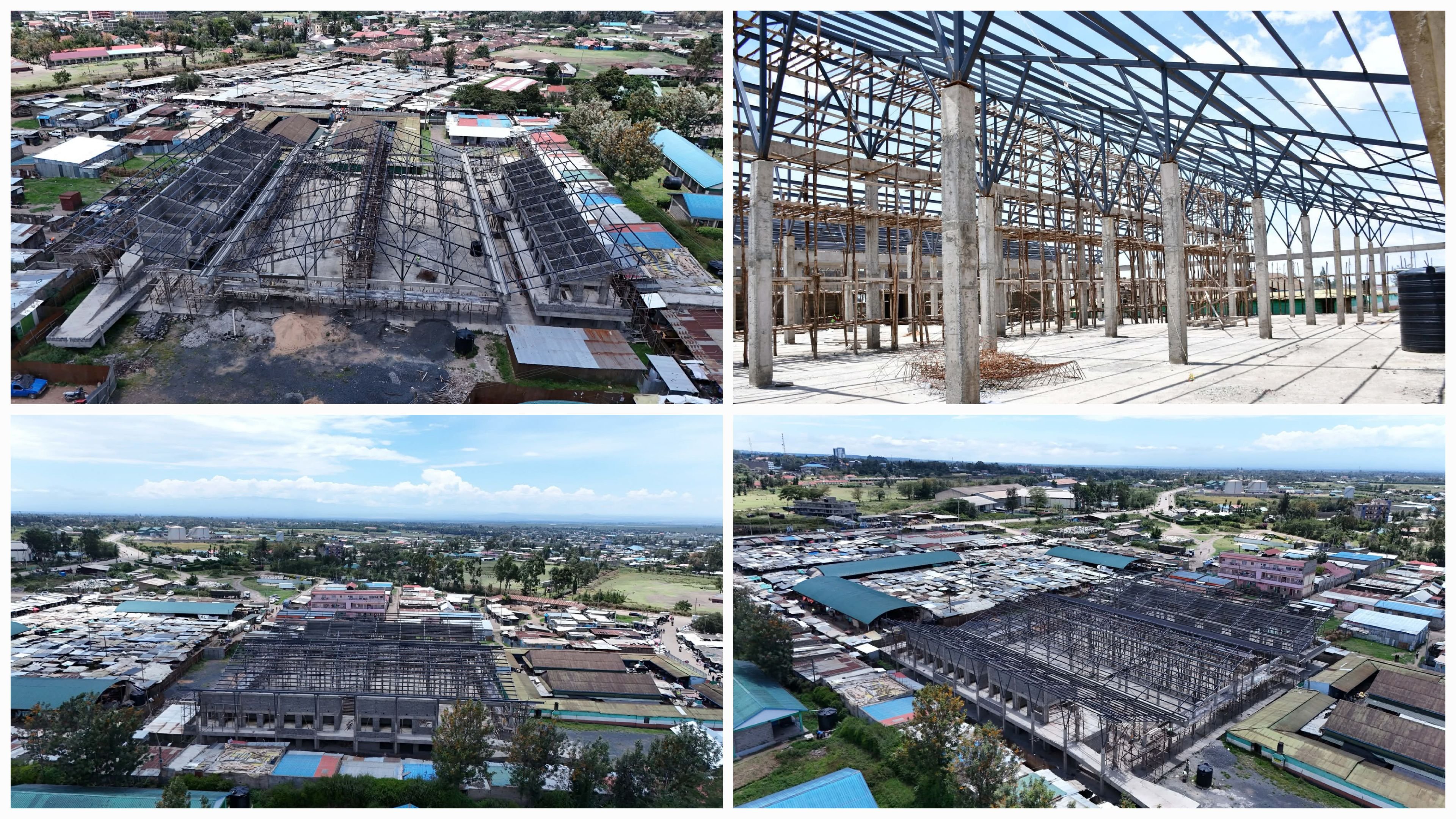 Aerial images of the ongoing construction of the Nanyuki Modern Market structure, showing the scale of the ultra-modern facility with distinct sections for stalls and retail shops