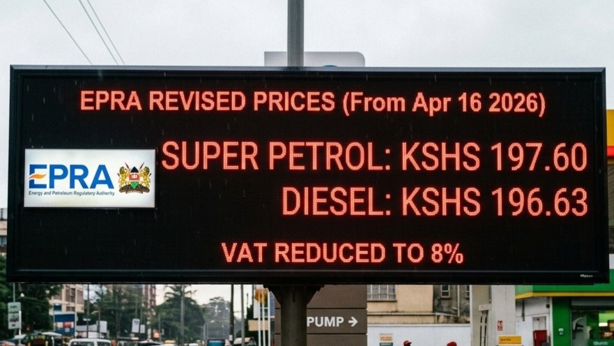 A digital display at a Kenyan petrol station showing revised retail prices for Super Petrol and Diesel alongside an EPRA logo.