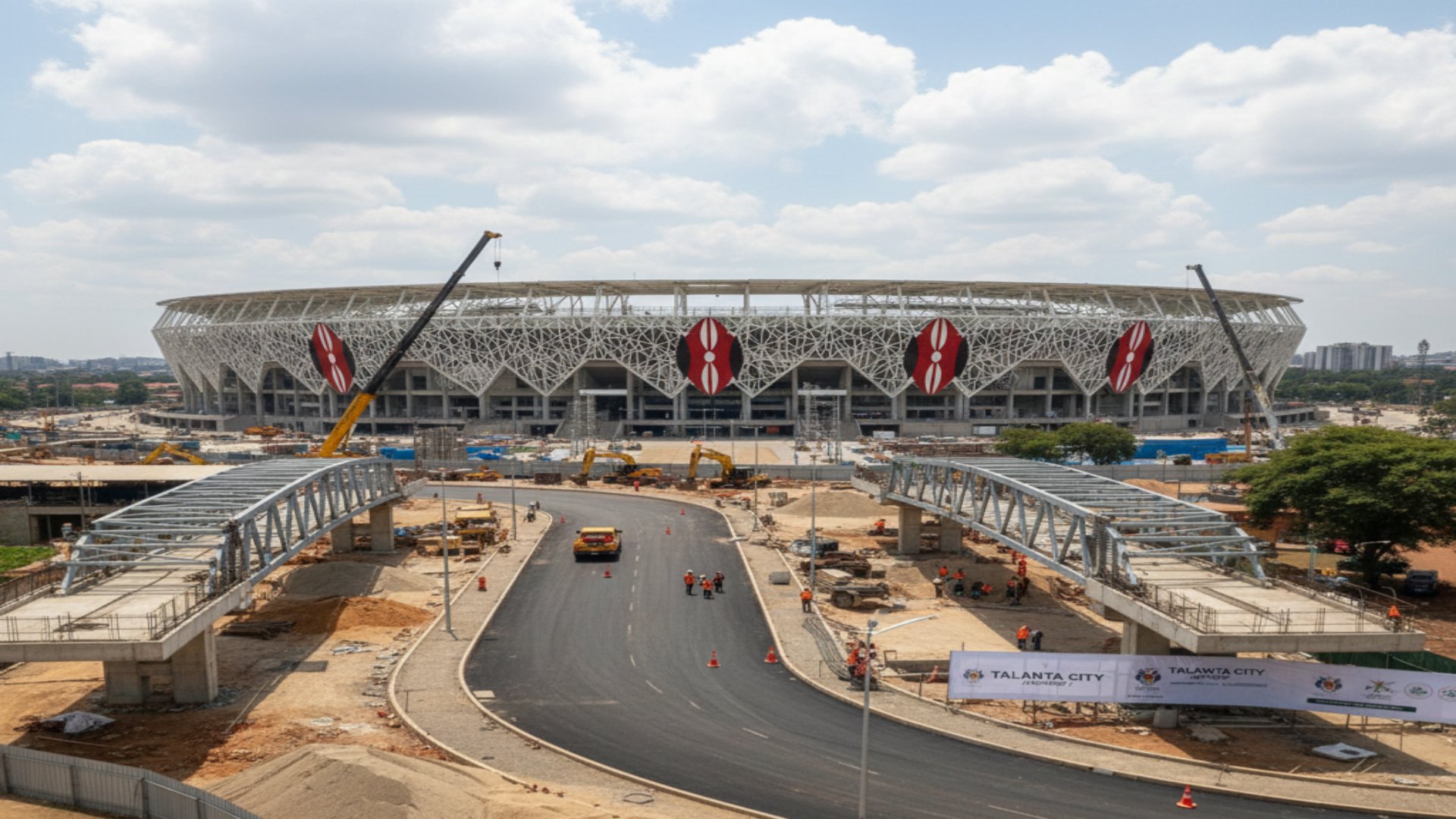 External view of the Talanta Sports City Stadium under construction in Nairobi, featuring the distinctive red and black Kenyan shield motifs on the facade.