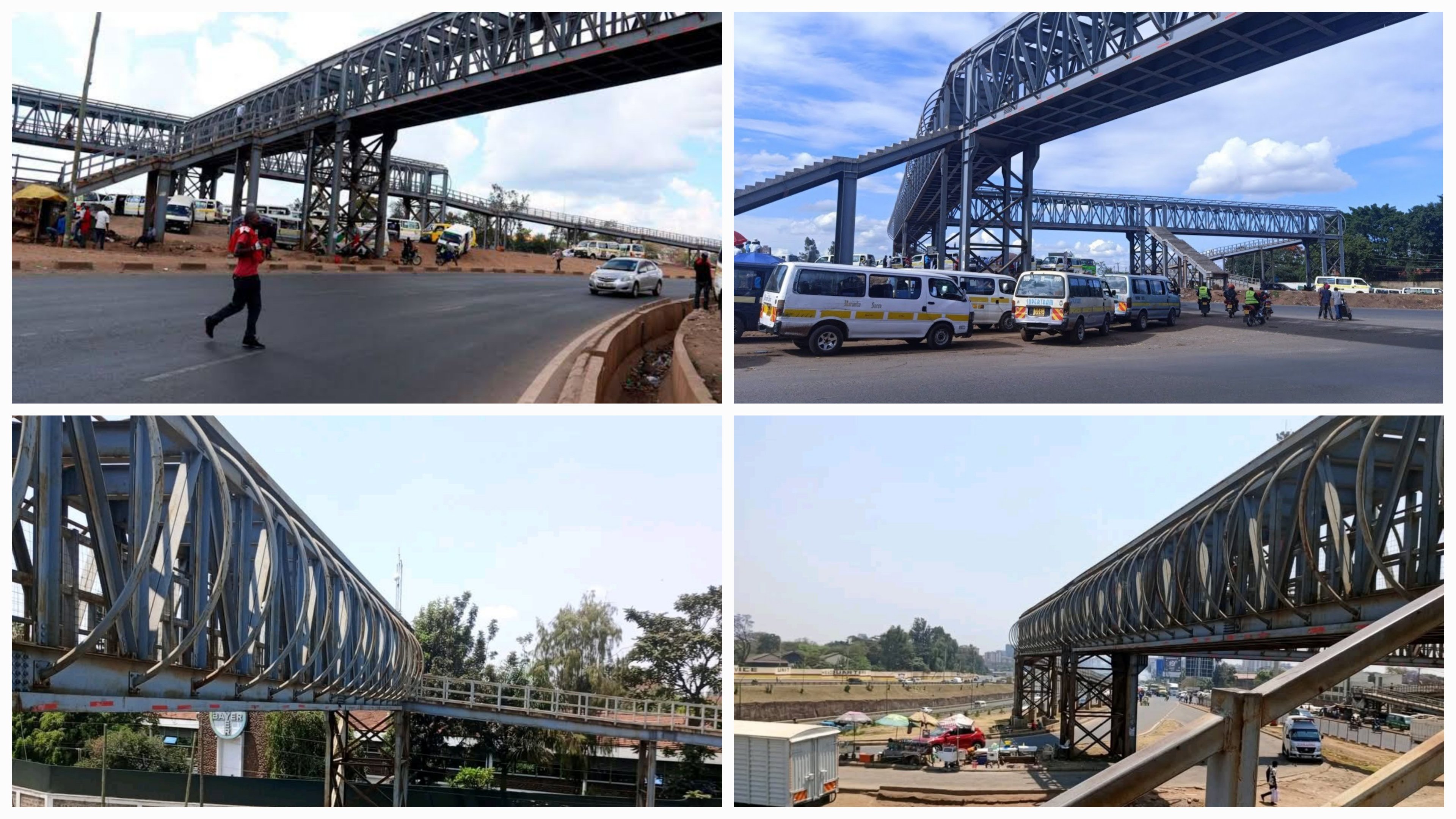 A wide-angle view of the large steel All Soaps footbridge spanning across the multi-lane Thika Superhighway and Outer Ring Road junction in Nairobi, showing its complex network of steps and long walkways.