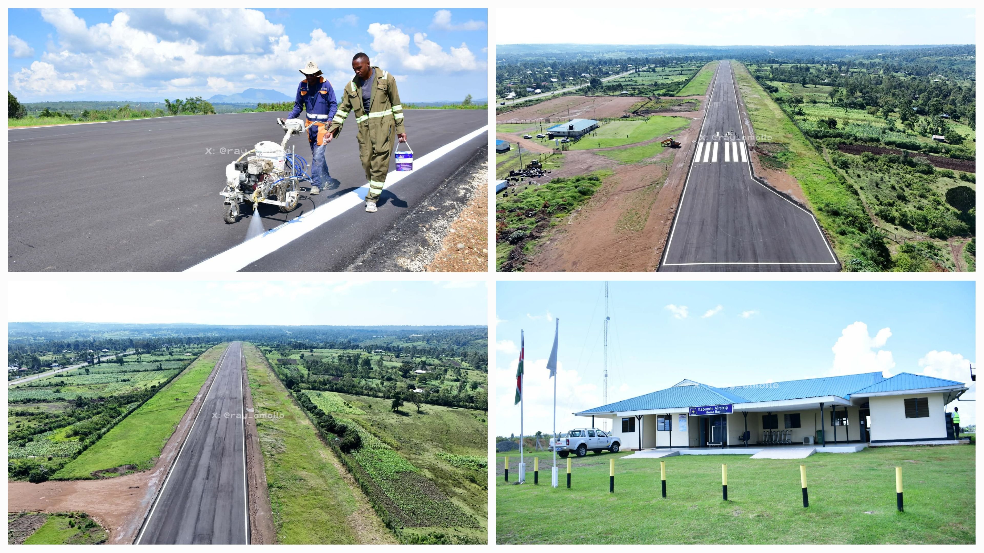 Aerial view of the Kabunde Airstrip runway with new edge and piano markings under construction in Homa Bay, Kenya.