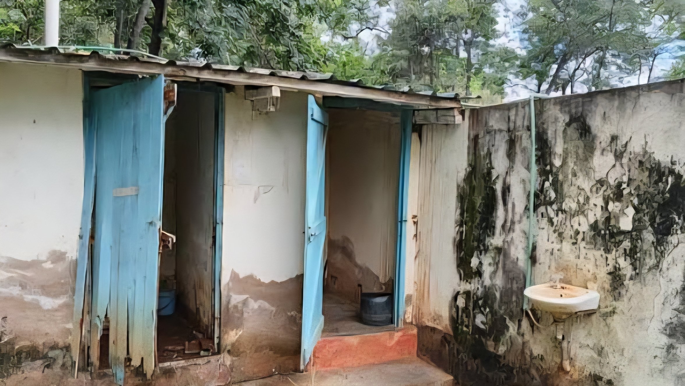 External view of a dilapidated blue wooden latrine door and a broken ceramic sink at Ishiara Hospital in Embu.