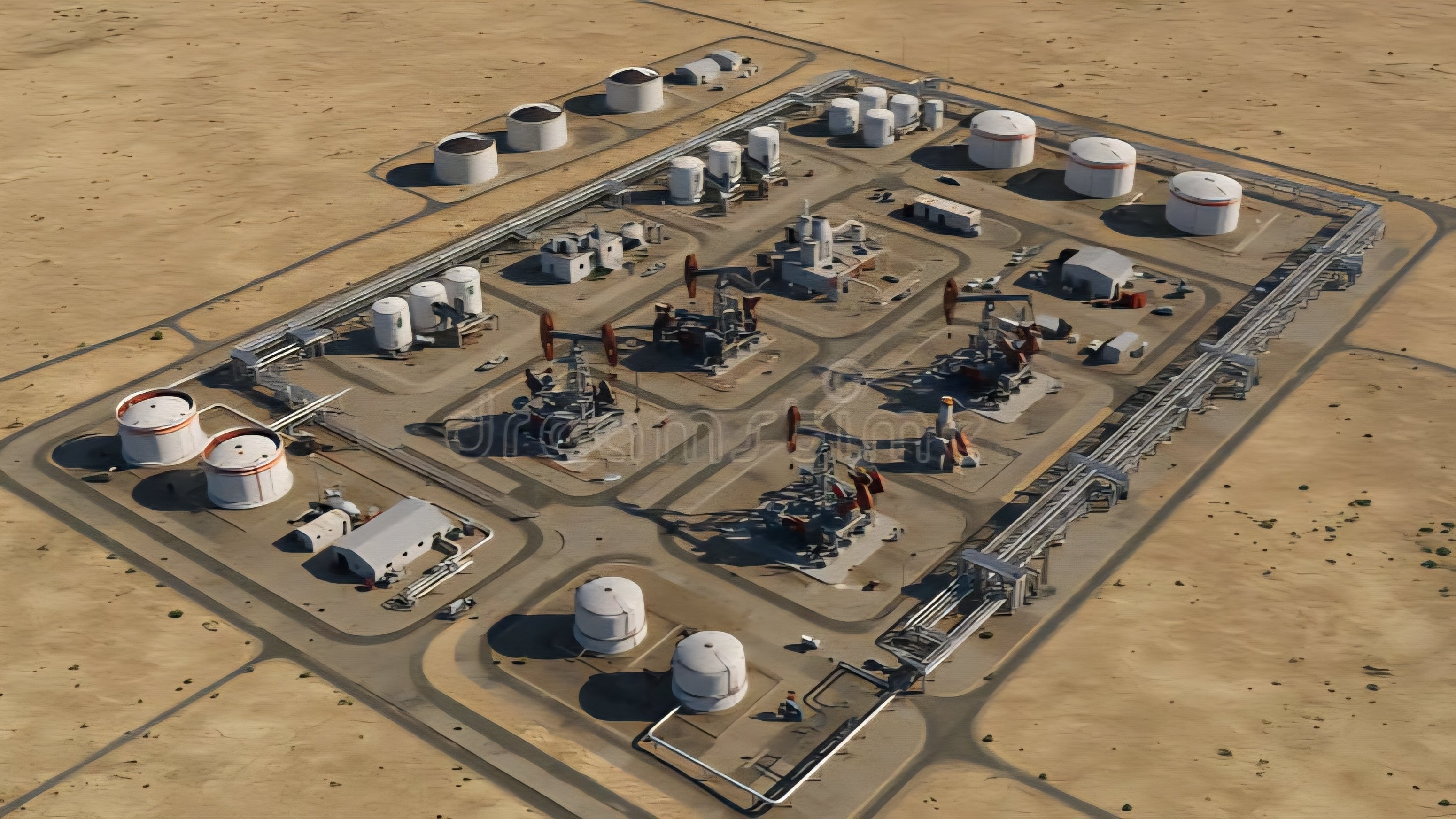An aerial view of an oil exploration site in a dry, scrubland environment with storage tanks and drilling equipment.