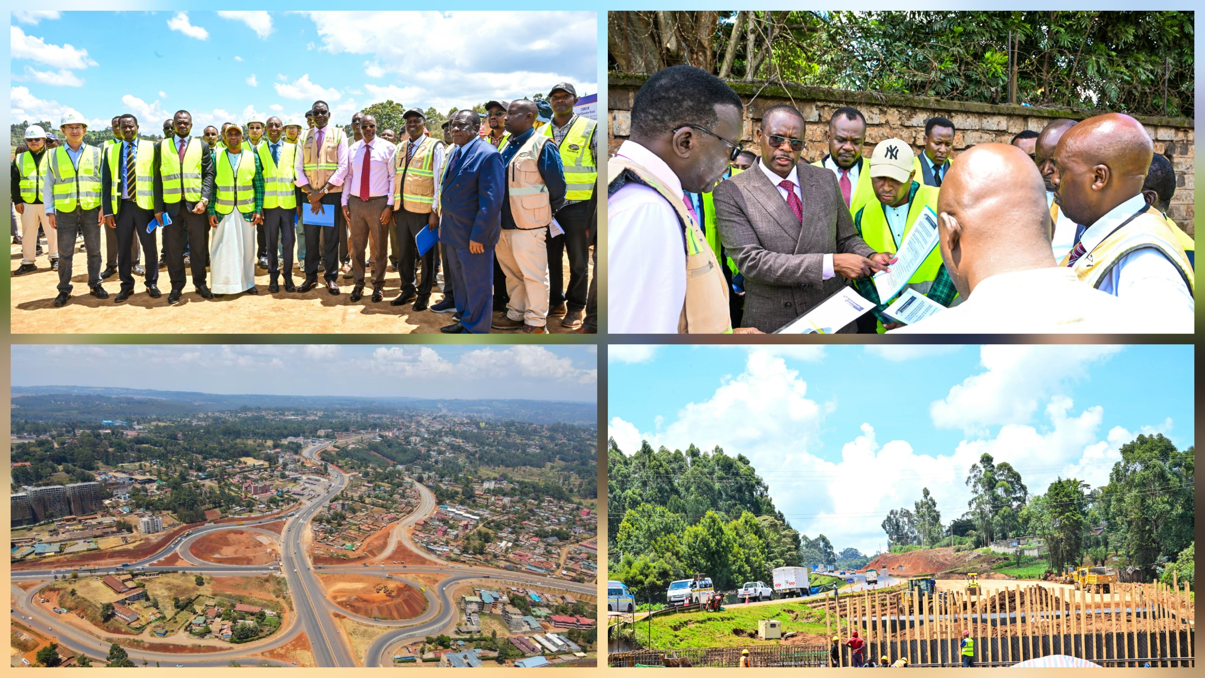 Photo collage of Cabinet Secretary Davis Chirchir and members of the National Assembly Transport Committee stand at a construction site overlooking a new highway interchange and road earthworks.