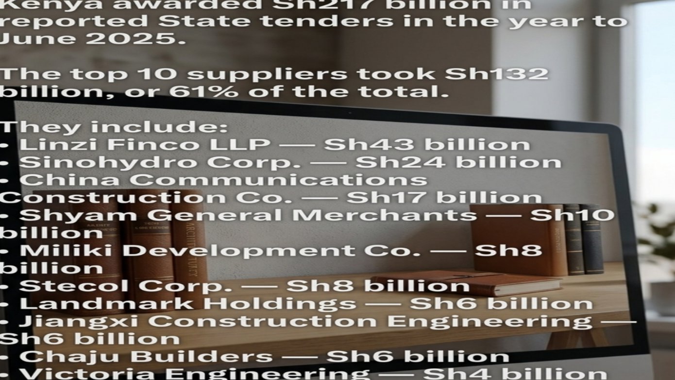 Document summary detailing public procurement figures and top ten contractors awarded Kenya state tenders.